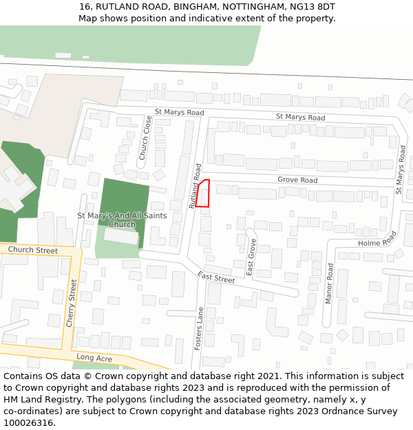 16, RUTLAND ROAD, BINGHAM, NOTTINGHAM, NG13 8DT: Location map and indicative extent of plot