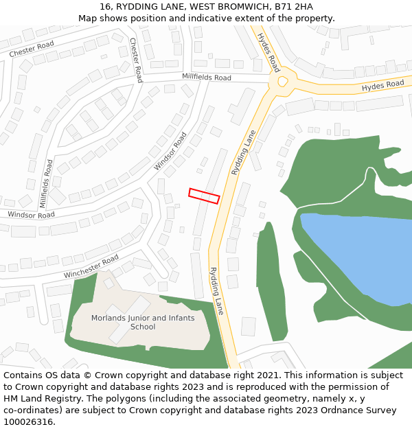 16, RYDDING LANE, WEST BROMWICH, B71 2HA: Location map and indicative extent of plot