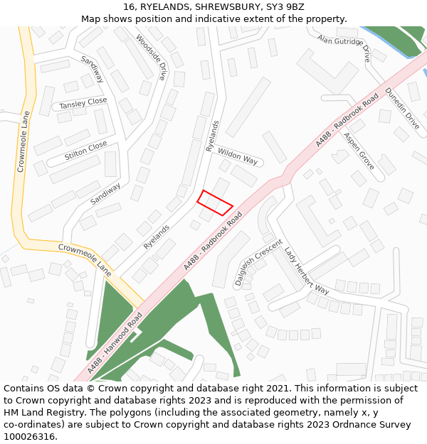 16, RYELANDS, SHREWSBURY, SY3 9BZ: Location map and indicative extent of plot