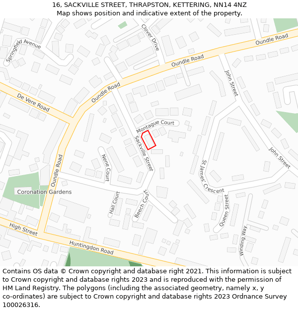 16, SACKVILLE STREET, THRAPSTON, KETTERING, NN14 4NZ: Location map and indicative extent of plot