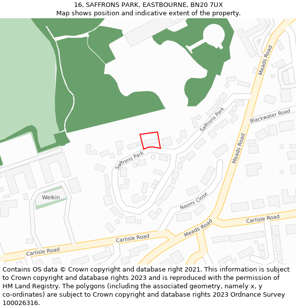16, SAFFRONS PARK, EASTBOURNE, BN20 7UX: Location map and indicative extent of plot
