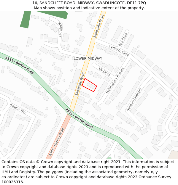 16, SANDCLIFFE ROAD, MIDWAY, SWADLINCOTE, DE11 7PQ: Location map and indicative extent of plot