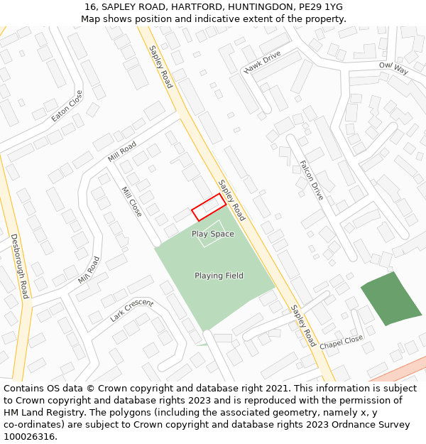 16, SAPLEY ROAD, HARTFORD, HUNTINGDON, PE29 1YG: Location map and indicative extent of plot