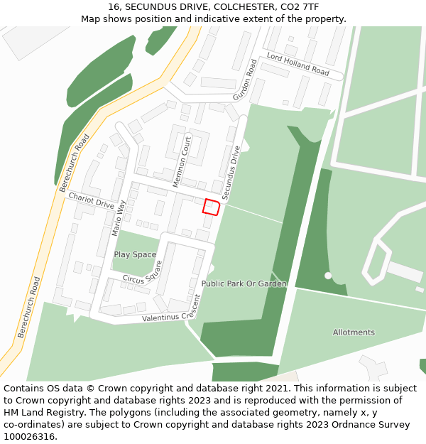 16, SECUNDUS DRIVE, COLCHESTER, CO2 7TF: Location map and indicative extent of plot