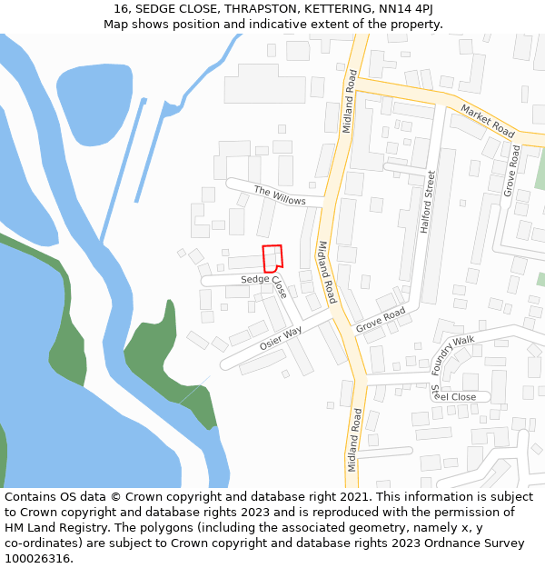 16, SEDGE CLOSE, THRAPSTON, KETTERING, NN14 4PJ: Location map and indicative extent of plot