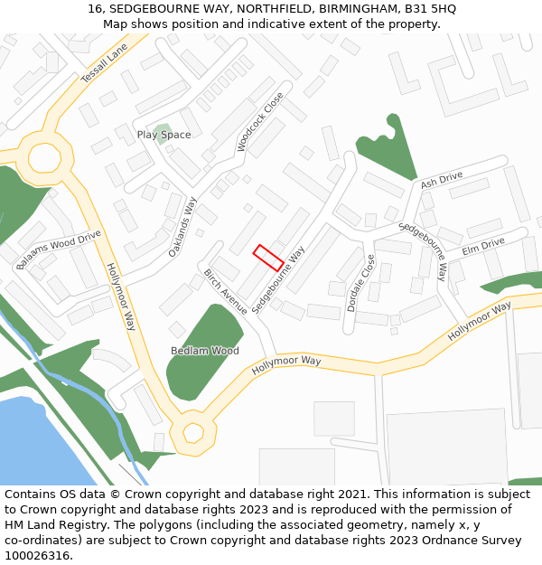 16, SEDGEBOURNE WAY, NORTHFIELD, BIRMINGHAM, B31 5HQ: Location map and indicative extent of plot