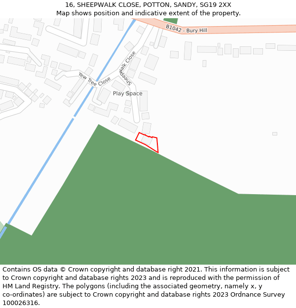 16, SHEEPWALK CLOSE, POTTON, SANDY, SG19 2XX: Location map and indicative extent of plot