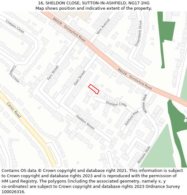 16, SHELDON CLOSE, SUTTON-IN-ASHFIELD, NG17 2HG: Location map and indicative extent of plot