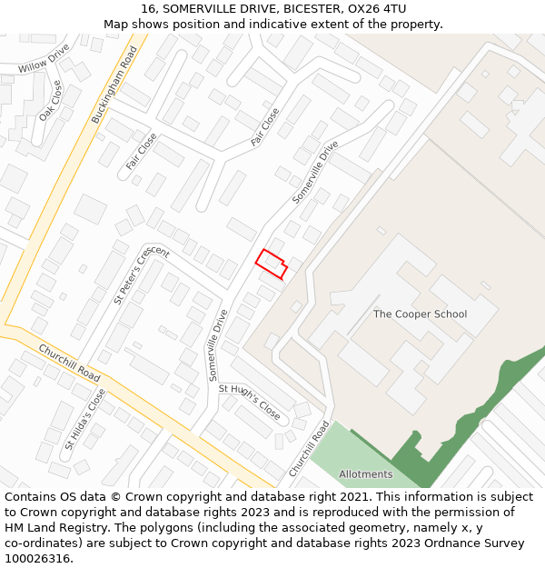 16, SOMERVILLE DRIVE, BICESTER, OX26 4TU: Location map and indicative extent of plot