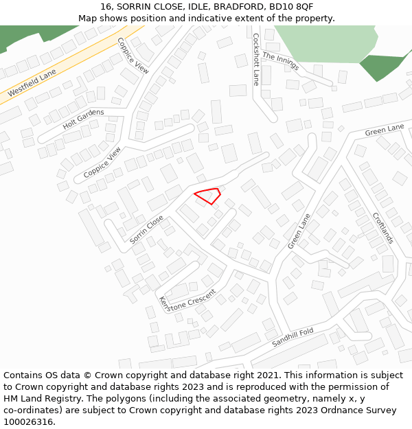 16, SORRIN CLOSE, IDLE, BRADFORD, BD10 8QF: Location map and indicative extent of plot