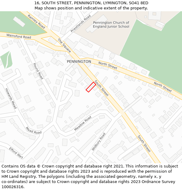 16, SOUTH STREET, PENNINGTON, LYMINGTON, SO41 8ED: Location map and indicative extent of plot