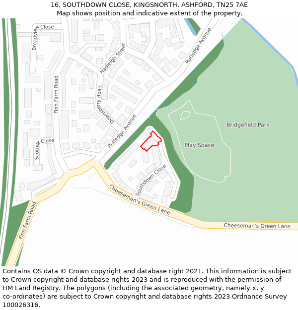 16, SOUTHDOWN CLOSE, KINGSNORTH, ASHFORD, TN25 7AE: Location map and indicative extent of plot