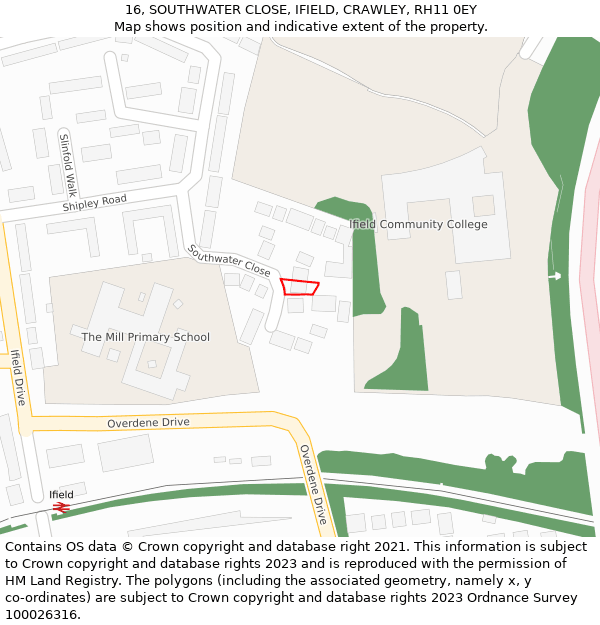 16, SOUTHWATER CLOSE, IFIELD, CRAWLEY, RH11 0EY: Location map and indicative extent of plot
