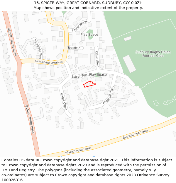 16, SPICER WAY, GREAT CORNARD, SUDBURY, CO10 0ZH: Location map and indicative extent of plot