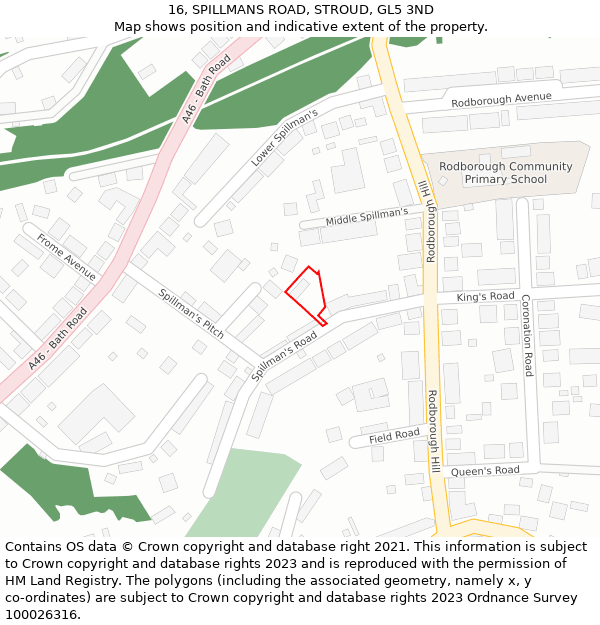 16, SPILLMANS ROAD, STROUD, GL5 3ND: Location map and indicative extent of plot