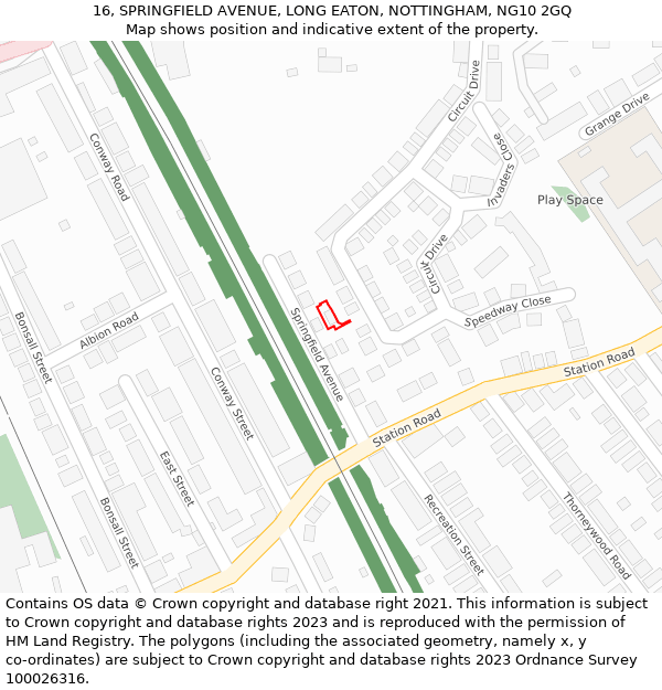 16, SPRINGFIELD AVENUE, LONG EATON, NOTTINGHAM, NG10 2GQ: Location map and indicative extent of plot