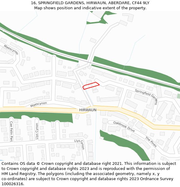 16, SPRINGFIELD GARDENS, HIRWAUN, ABERDARE, CF44 9LY: Location map and indicative extent of plot