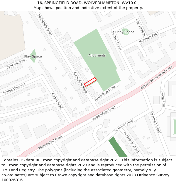 16, SPRINGFIELD ROAD, WOLVERHAMPTON, WV10 0LJ: Location map and indicative extent of plot