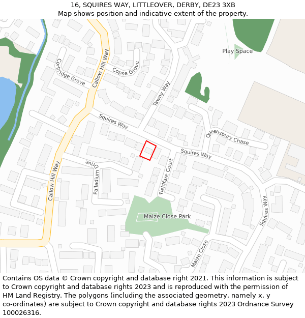 16, SQUIRES WAY, LITTLEOVER, DERBY, DE23 3XB: Location map and indicative extent of plot