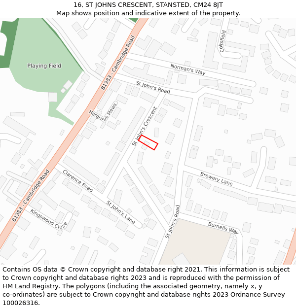 16, ST JOHNS CRESCENT, STANSTED, CM24 8JT: Location map and indicative extent of plot