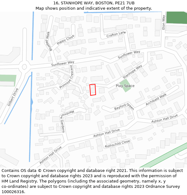 16, STANHOPE WAY, BOSTON, PE21 7UB: Location map and indicative extent of plot