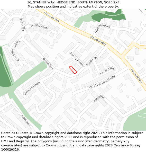 16, STANIER WAY, HEDGE END, SOUTHAMPTON, SO30 2XF: Location map and indicative extent of plot