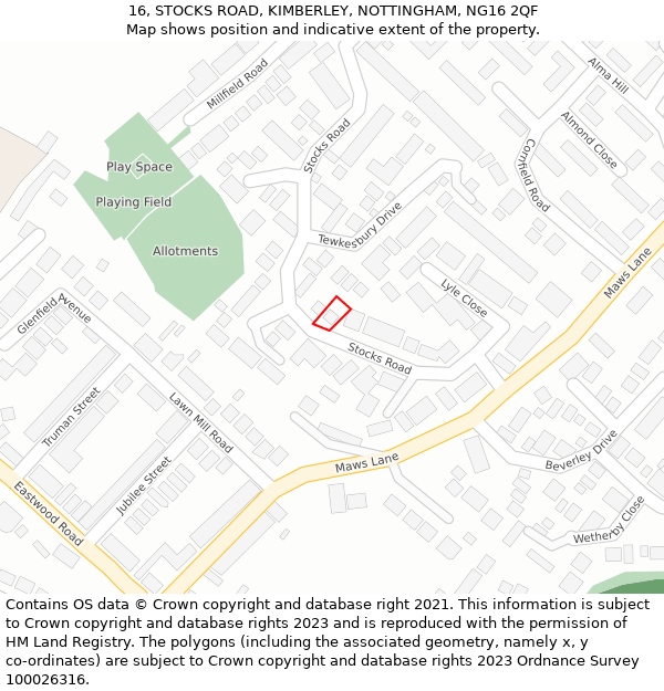 16, STOCKS ROAD, KIMBERLEY, NOTTINGHAM, NG16 2QF: Location map and indicative extent of plot