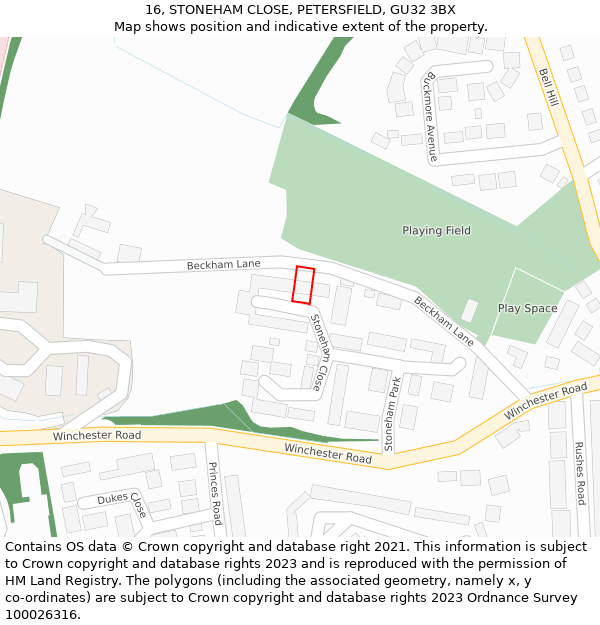 16, STONEHAM CLOSE, PETERSFIELD, GU32 3BX: Location map and indicative extent of plot