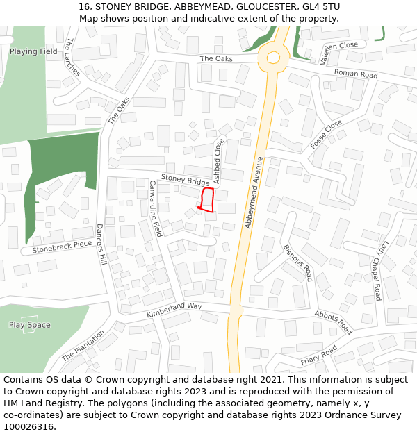 16, STONEY BRIDGE, ABBEYMEAD, GLOUCESTER, GL4 5TU: Location map and indicative extent of plot