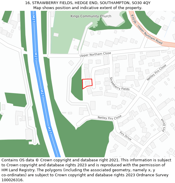 16, STRAWBERRY FIELDS, HEDGE END, SOUTHAMPTON, SO30 4QY: Location map and indicative extent of plot