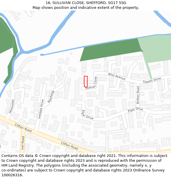 16, SULLIVAN CLOSE, SHEFFORD, SG17 5SG: Location map and indicative extent of plot