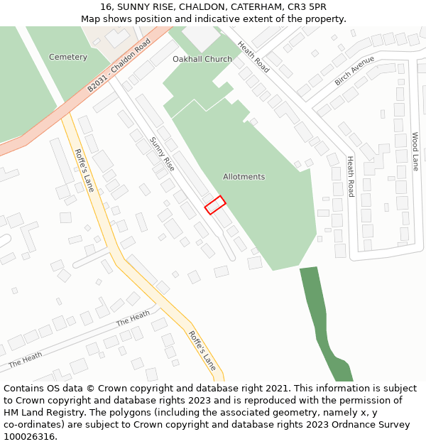 16, SUNNY RISE, CHALDON, CATERHAM, CR3 5PR: Location map and indicative extent of plot