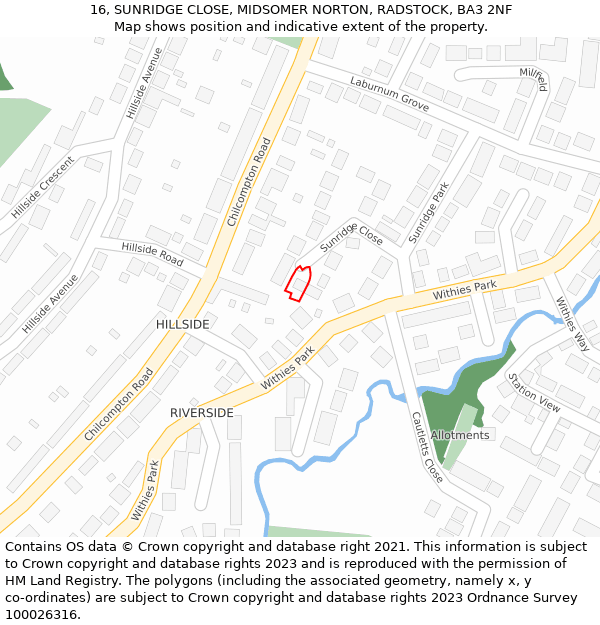16, SUNRIDGE CLOSE, MIDSOMER NORTON, RADSTOCK, BA3 2NF: Location map and indicative extent of plot