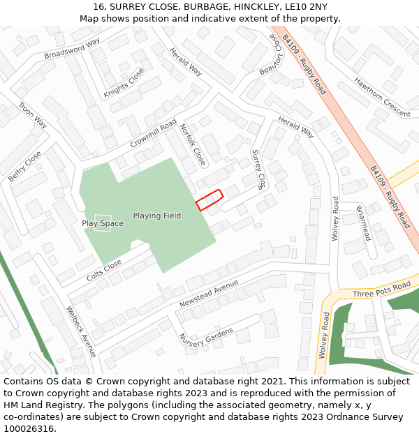 16, SURREY CLOSE, BURBAGE, HINCKLEY, LE10 2NY: Location map and indicative extent of plot