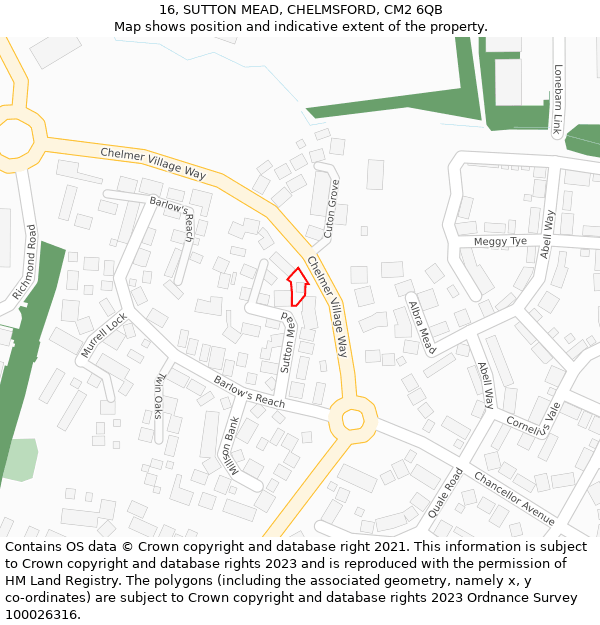 16, SUTTON MEAD, CHELMSFORD, CM2 6QB: Location map and indicative extent of plot