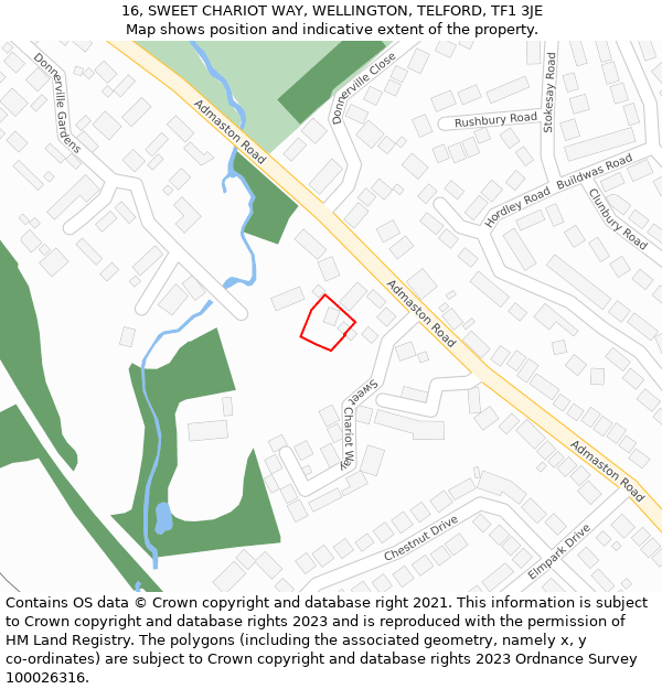 16, SWEET CHARIOT WAY, WELLINGTON, TELFORD, TF1 3JE: Location map and indicative extent of plot