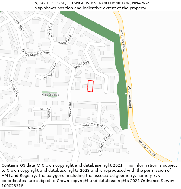 16, SWIFT CLOSE, GRANGE PARK, NORTHAMPTON, NN4 5AZ: Location map and indicative extent of plot