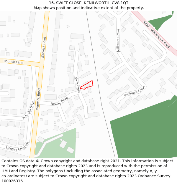 16, SWIFT CLOSE, KENILWORTH, CV8 1QT: Location map and indicative extent of plot
