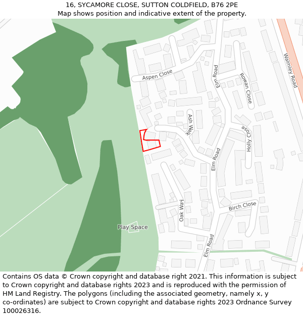 16, SYCAMORE CLOSE, SUTTON COLDFIELD, B76 2PE: Location map and indicative extent of plot