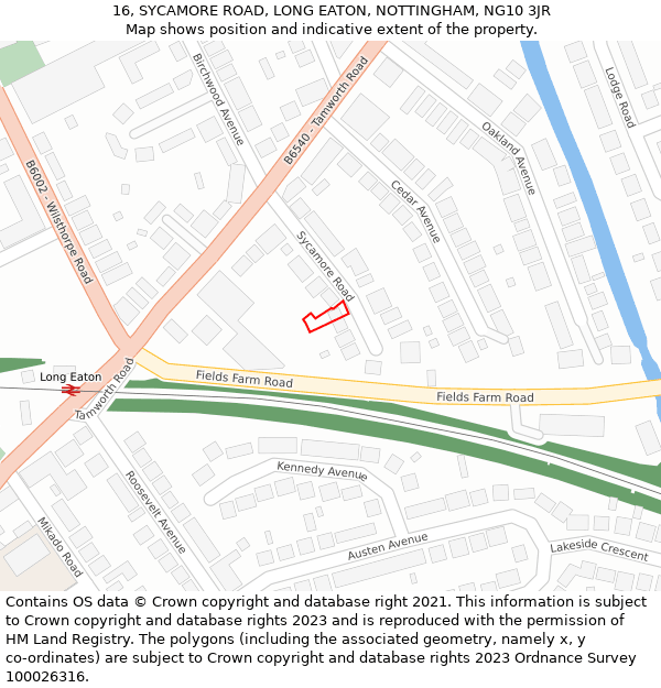 16, SYCAMORE ROAD, LONG EATON, NOTTINGHAM, NG10 3JR: Location map and indicative extent of plot