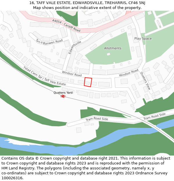 16, TAFF VALE ESTATE, EDWARDSVILLE, TREHARRIS, CF46 5NJ: Location map and indicative extent of plot