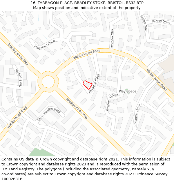 16, TARRAGON PLACE, BRADLEY STOKE, BRISTOL, BS32 8TP: Location map and indicative extent of plot