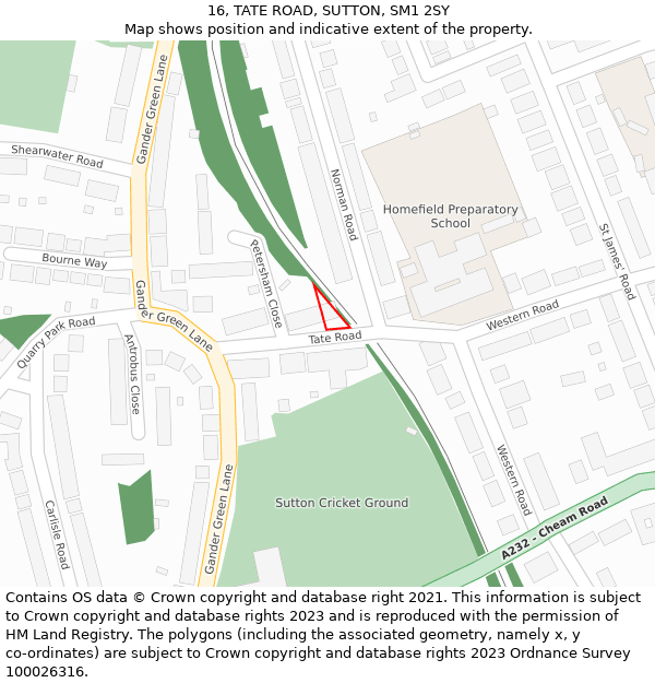 16, TATE ROAD, SUTTON, SM1 2SY: Location map and indicative extent of plot