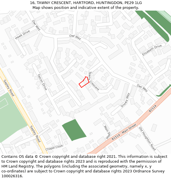 16, TAWNY CRESCENT, HARTFORD, HUNTINGDON, PE29 1LG: Location map and indicative extent of plot
