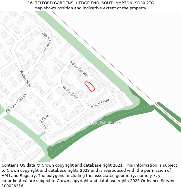 16, TELFORD GARDENS, HEDGE END, SOUTHAMPTON, SO30 2TG: Location map and indicative extent of plot