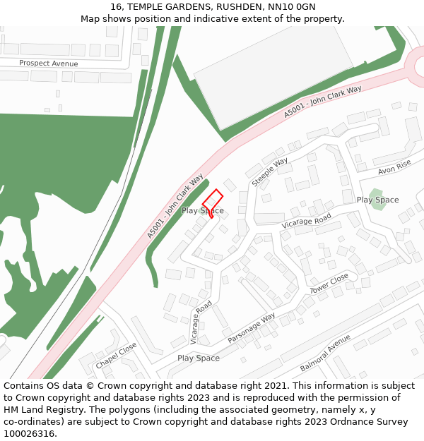 16, TEMPLE GARDENS, RUSHDEN, NN10 0GN: Location map and indicative extent of plot