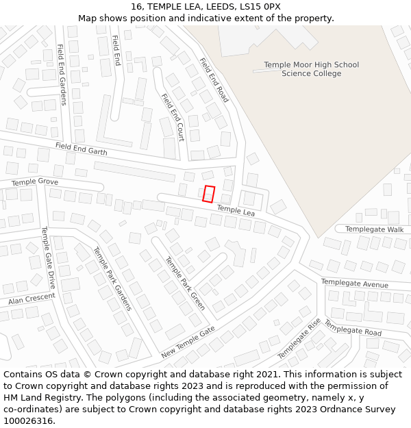 16, TEMPLE LEA, LEEDS, LS15 0PX: Location map and indicative extent of plot