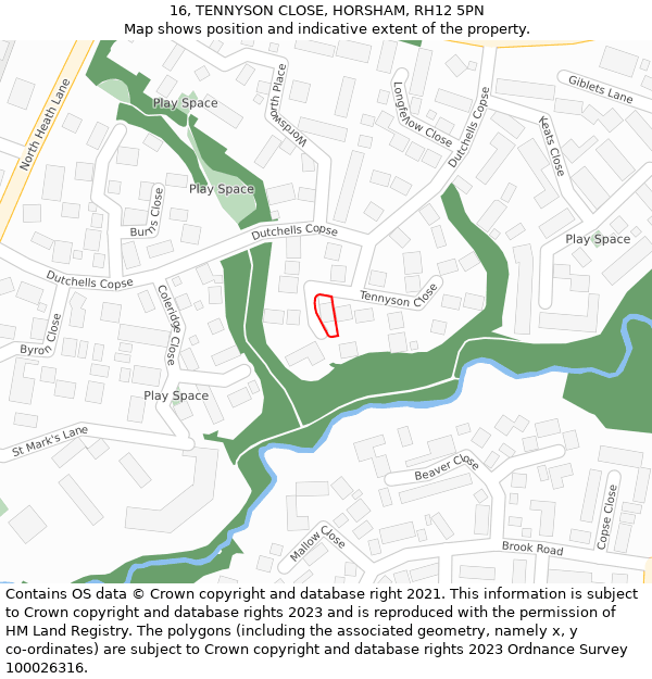 16, TENNYSON CLOSE, HORSHAM, RH12 5PN: Location map and indicative extent of plot