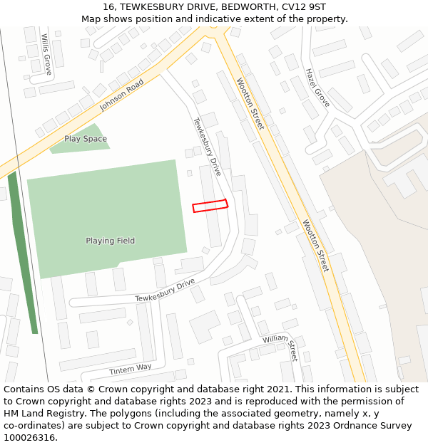 16, TEWKESBURY DRIVE, BEDWORTH, CV12 9ST: Location map and indicative extent of plot