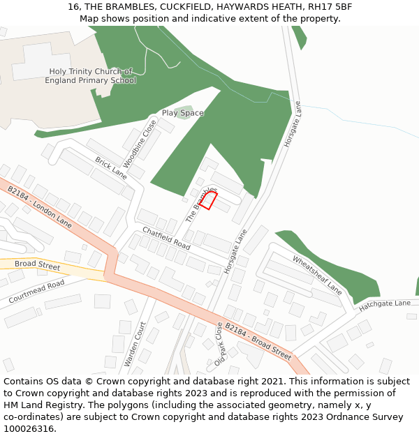 16, THE BRAMBLES, CUCKFIELD, HAYWARDS HEATH, RH17 5BF: Location map and indicative extent of plot